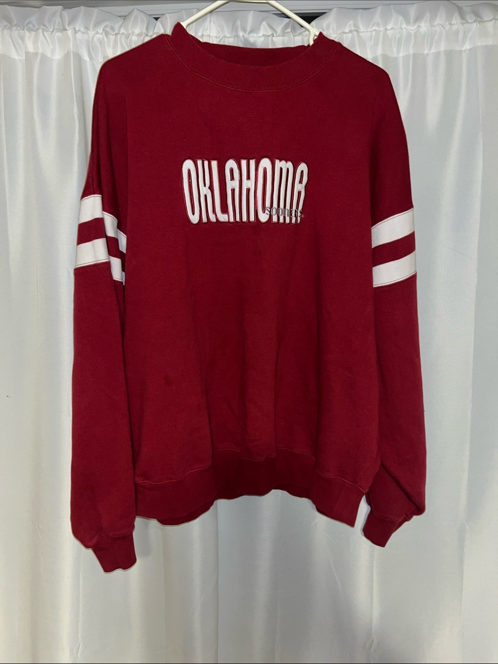 Oklahoma Sooners Red Crewneck Sweatshirt with White Sleeve Stripes